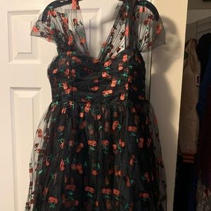 Unique Vintage Black & Glitter Cherry Print Heart & Soul Babydoll Dress - XL/14